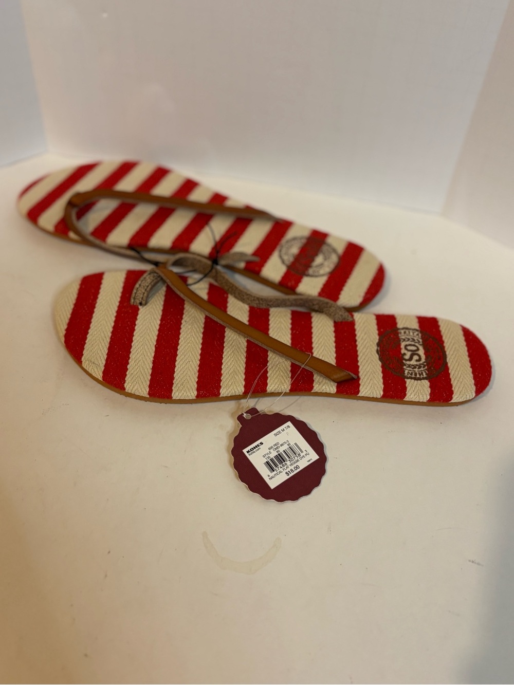 SO Red and White Striped Flip Flop Sandals with Tan Straps